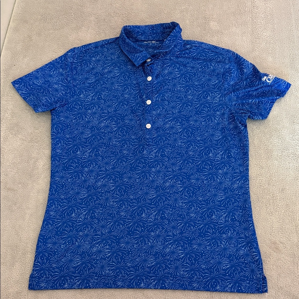 Blue Printed Short-Sleeve Polo Blouse